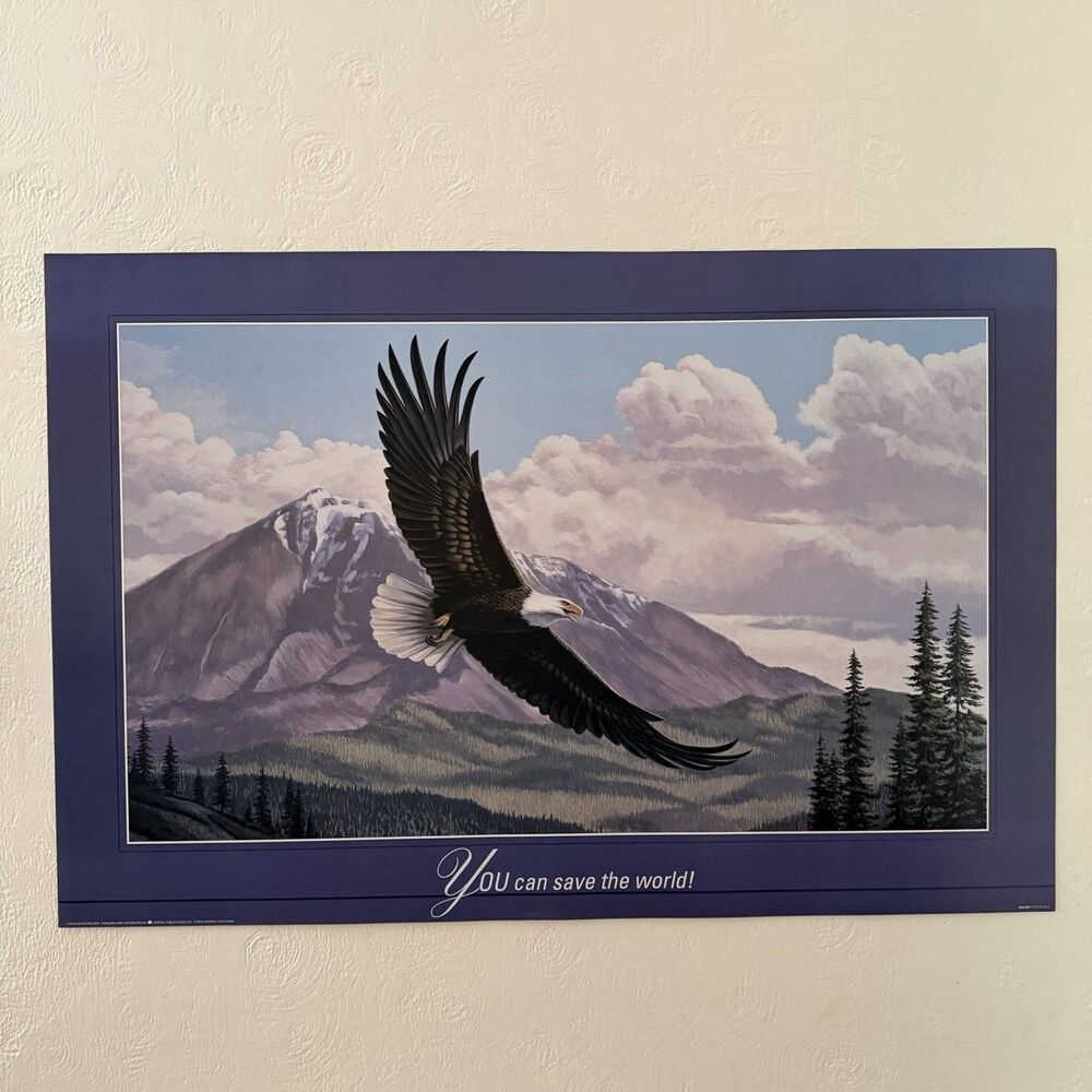 Ken Michaelsen Bald Eagle You Can Save The World Poster Print Litho 1990 24x35”